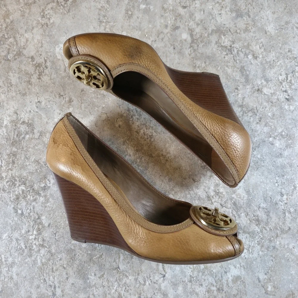 Tory Burch Selma Open Toe 95mm‎ Wedge Royal Tan Size 7.5 M Brown Leather